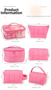 Size chart showing dimensions and weight for six pink cosmetic travel storage bags