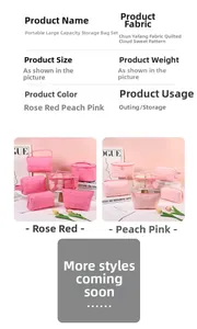Detailed view of quilted makeup bags in rose and peach pink with cloud stitch fabric