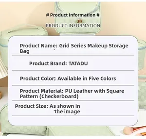 Detailed product specifications for the TATADU PU leather checkerboard makeup storage bag