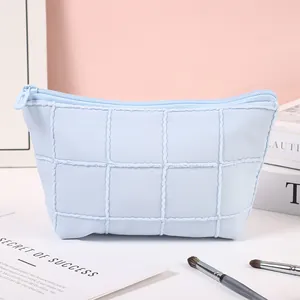 Large Capacity Quilted Pongee Grid Makeup Bag Portable Travel Toiletry Bag Soft Macaron Color Storage Pouch For Women