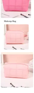 Detailed views of pink quilted cosmetic bag with zipper and handle in a collage