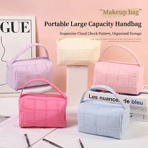 Ins Style Quilted Large Capacity Cosmetic Bag Portable Travel Toiletry Organizer Handheld Pongee Grid Makeup Pouch Women