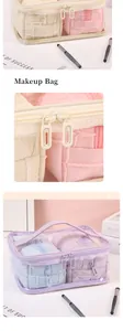 Detail of waterproof makeup bag with transparent window and smooth dual metal zippers
