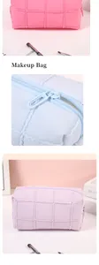Detail of quilted texture and smooth zipper on pastel macaron-colored makeup storage bags