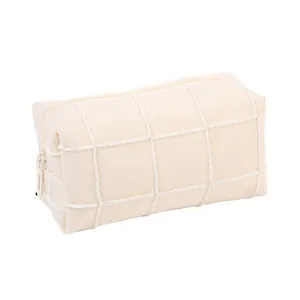 Quilted macaron cream white large capacity makeup bag with zipper closure for travel