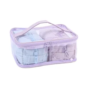 Waterproof portable travel toiletry bag set with purple transparent outer and quilted pouches