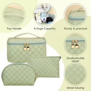 Checkerboard Pattern Makeup Bag Large Capacity Waterproof PU Leather Cosmetic Storage Bag Portable Travel Toiletry Organizer