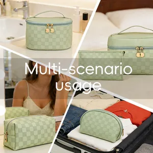 Green checkered cosmetic bag set with large capacity and waterproof travel storage cases
