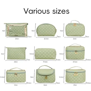 Size chart showing 9 green checkered waterproof cosmetic bags with detailed dimensions