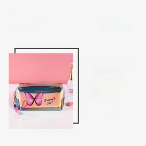 Detailed view of laser holographic makeup bag with pink butterfly prints and metal zipper