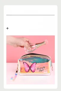 Detail of holographic laser makeup bag with pink butterfly print and wristlet strap