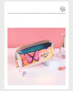 Detailed macro view of laser holographic butterfly makeup bag with metallic zipper
