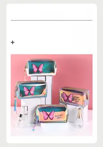 Macro detail of laser holographic makeup bag featuring pink butterfly print and zip closure