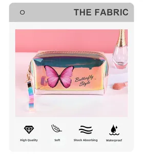 Waterproof holographic laser butterfly makeup bag with soft shockproof fabric texture