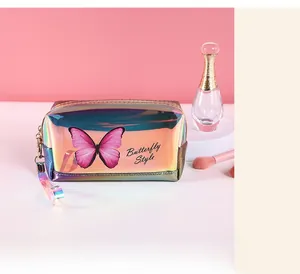 Close-up of holographic makeup bag with pink butterfly and secure metal zipper