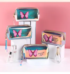 Detail view of laser holographic makeup bag featuring pink butterfly print and carry strap