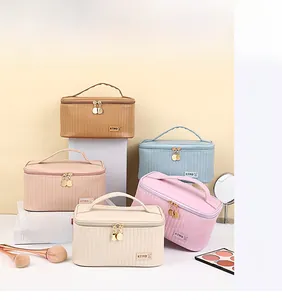 Detail of multi-color PU leather toiletry bags with vertical stripes and dual metal zippers