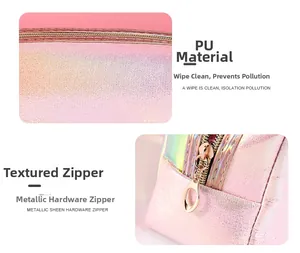 Close-up of laser TPU cosmetic bag showing waterproof pink material and metal zipper detail