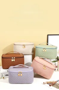 Detail showing high-capacity PU leather toiletry bags with stylish woven texture in five colors