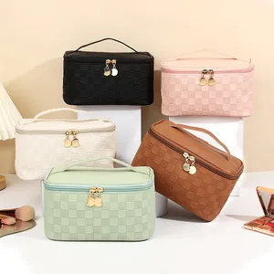 Bolsa de Maquillaje de Tablero de Ajedrez Gran Capacidad Impermeable Cuero PU Portátil Viaje Organizador de Aseo Mujer Moda