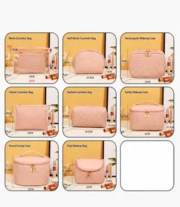 Macro detail of various pink quilted PU cosmetic bags with gold zippers and grid texture