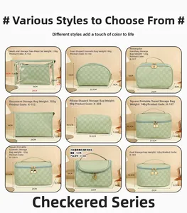 Macro view showing sage green checkered toiletry bags collection with detailed dimensions