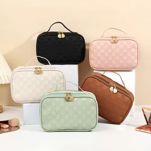 Portable PU Leather Cosmetic Bag Elegant Checkerboard Woven Pattern Toiletry Storage Bag For Travel Women Makeup Organizer