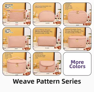 Detailed size chart and weight guide for pink woven fabric toiletry bag set