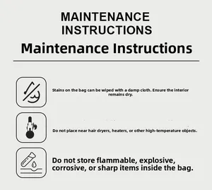 Cosmetic bag maintenance guide showing cleaning tips and storage care instructions