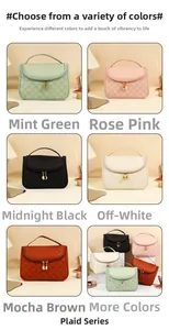 Detail of four checkered PU leather cosmetic bags in green, pink, black and cream colors