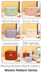 Detail of multi-color PU leather makeup bags with woven texture and gold dual zippers