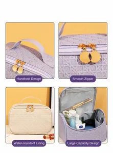 Detail view of woven PU leather vanity bags showing handle, zipper and spacious interior