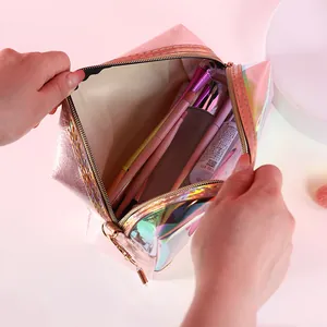 Holographic TPU cosmetic bag with pink metallic accents and spacious interior storage