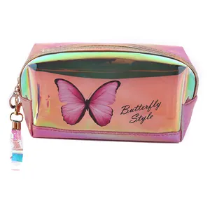 Iridescent laser makeup bag with pink butterfly print and portable wrist strap