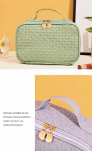 Detail of woven texture PU leather makeup bag with dual gold zippers and top handle