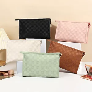 Minimalist PU Leather Large Capacity Cosmetic Bag Checkerboard Woven Texture Travel Toiletry Wash Organizer Bag For Women Makeup Storage