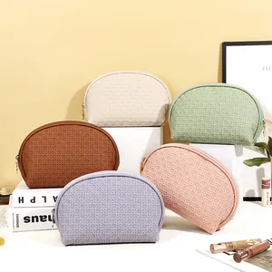 Portable Semi-Circle PU Leather Makeup Bag For Women Travel Checkered Woven Toiletry Organizer Waterproof Cosmetic Pouch