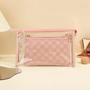 Pink minimalist transparent PVC and checkered vanity bag set for travel toiletries