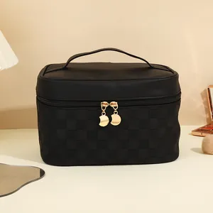 Large black PU leather cosmetic bag with checkered texture and crescent zippers