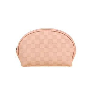Pink semi-circle PU makeup bag with checkered texture and gold zipper closure
