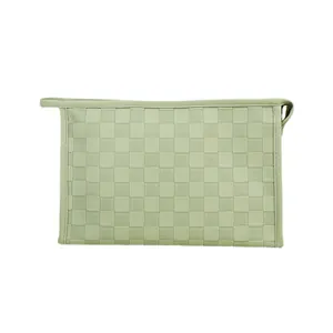 Minimalist checkerboard PU leather makeup bag with large capacity in mint green color