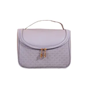 Large capacity purple cosmetic bag with lattice texture and gold leaf zipper pulls