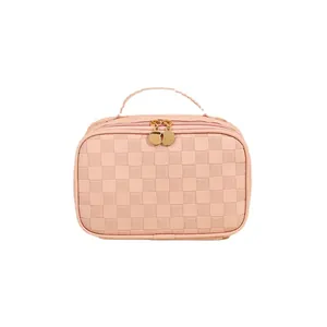 Elegant pink checkered PU leather makeup bag with handle and gold zipper closure