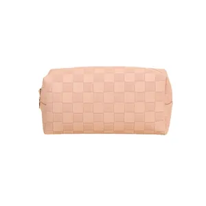 Pink checkered PU leather makeup bag with gold zipper for travel and storage