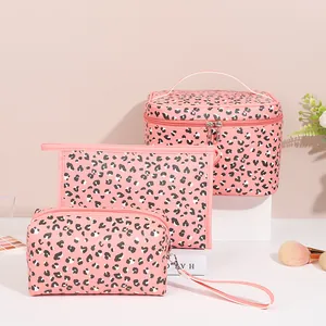 Luxury 3-piece pink leopard print PU leather makeup bag set with large capacity and handle