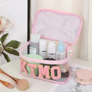 Damen Tragbare Transparente PVC Kosmetiktasche PU-Leder Besatz Chenille Buchstabe KTMO Reise Kulturbeutel Mode Organizer
