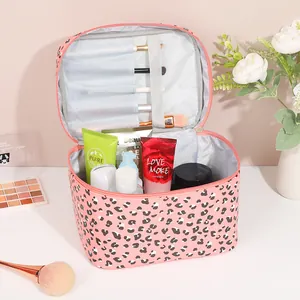 Pink leopard print PU leather makeup bag with large capacity and brush slots