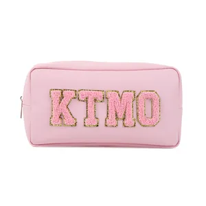 Pink PU leather makeup bag with KTMO chenille patches and golden sequins glitter