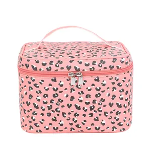 Pink leopard print makeup bag in PU leather with reinforced handle and silver zippers