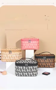 Detail of travel makeup bags with geometric patterns and dual metal zippers